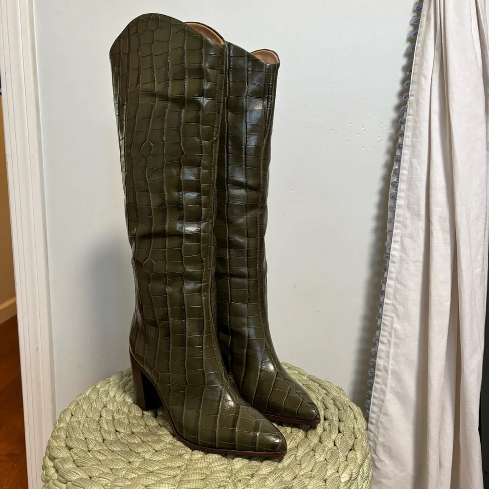 NEW Schutz Maryana Dark Green Leather Croc Block Knee High Boots Size 5.5